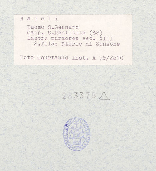 Rückseite von Courtauld Institute of Art [https://www.deutsche-digitale-bibliothek.de/content/lizenzen/rv-ez/] Szenen  aus dem Leben des heiligen Januarius und des Samson; Heilige RitterSzenen  aus dem Leben des Samson - Samson rächt sich seinerseits an den Philistern (Richter 15:8), bh283378_recto. Foto.