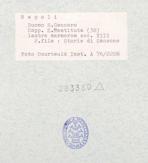 Rückseite von Courtauld Institute of Art [https://www.deutsche-digitale-bibliothek.de/content/lizenzen/rv-ez/] Szenen  aus dem Leben des heiligen Januarius und des Samson; Heilige RitterSzenen  aus dem Leben des Samson - Samsons Haarlocken werden abgeschnitten, bh283380_recto. Foto.