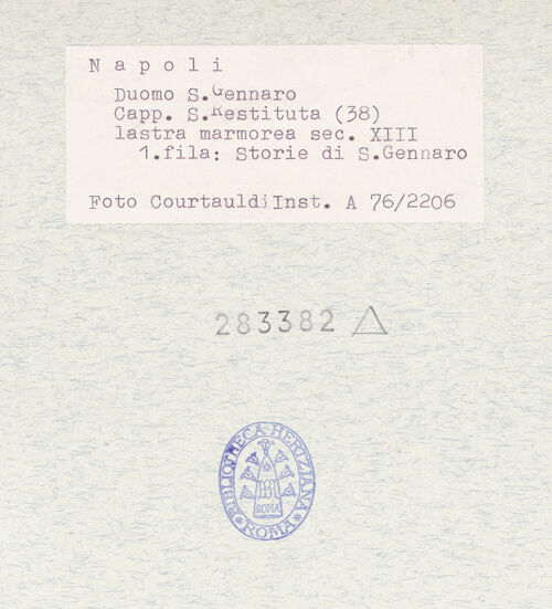 Rückseite von Courtauld Institute of Art [https://www.deutsche-digitale-bibliothek.de/content/lizenzen/rv-ez/] Szenen  aus dem Leben des heiligen Januarius und des Samson; Heilige RitterSzenen  aus dem Leben des heiligen Januarius - Unbekannte Szene, bh283382_recto. Foto.