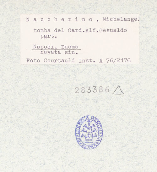 Rückseite von Courtauld Institute of Art [https://www.deutsche-digitale-bibliothek.de/content/lizenzen/rv-ez/] Grabmal des Kardinal Alfonso Gesualdo (gest. 1603) - Detail: Apostel Andreas, bh283386_recto. Foto.