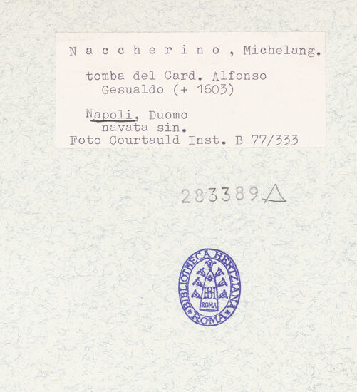 Rückseite von Courtauld Institute of Art [https://www.deutsche-digitale-bibliothek.de/content/lizenzen/rv-ez/] Grabmal des Kardinal Alfonso Gesualdo (gest. 1603) - Gesamtansicht, bh283389_recto. Foto.