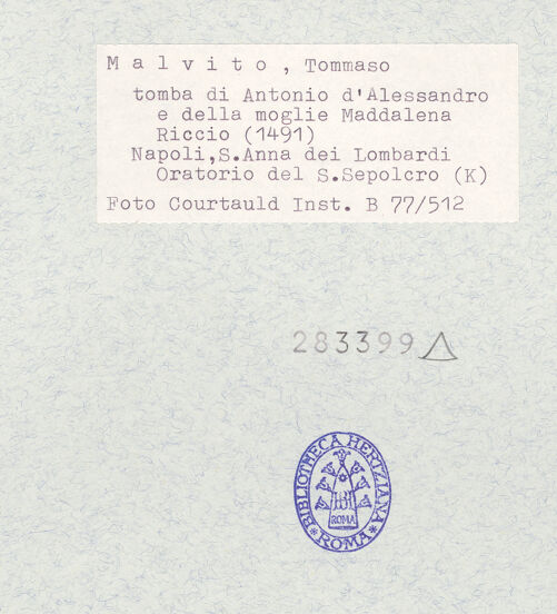 Rückseite von Courtauld Institute of Art [https://www.deutsche-digitale-bibliothek.de/content/lizenzen/rv-ez/] Grabmal des Antonio d'Alessandro und der Maddalena Riccio - Gesamtansicht, bh283399_recto. Foto.