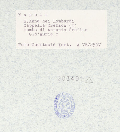 Rückseite von Courtauld Institute of Art [https://www.deutsche-digitale-bibliothek.de/content/lizenzen/rv-ez/] Grabmal des Antonio Orefice - Gesamtansicht, bh283401_recto. Foto.