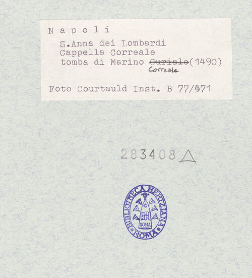 Rückseite von Courtauld Institute of Art [https://www.deutsche-digitale-bibliothek.de/content/lizenzen/rv-ez/] Grabmal des Marino Correale (gest. 1490) - Gesamtansicht, bh283408_recto. Foto.