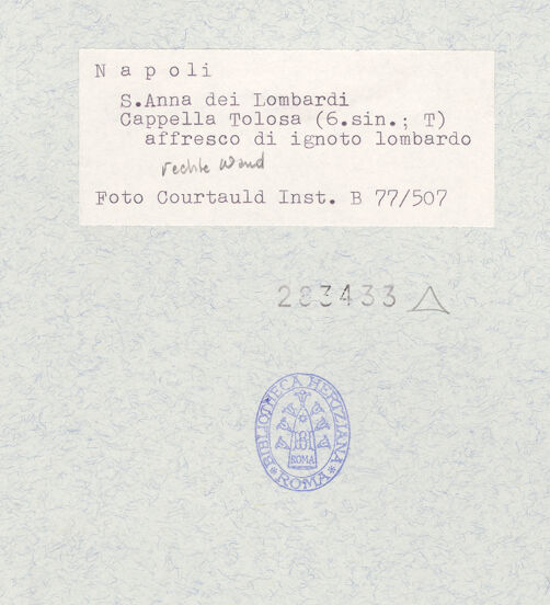 Rückseite von Courtauld Institute of Art [https://www.deutsche-digitale-bibliothek.de/content/lizenzen/rv-ez/] Bekehrung des Apostels Paulus, Heiligen und Stifter - Rechte Wand: Paulus und Stifter, Heiligen, bh283433_recto. Foto.