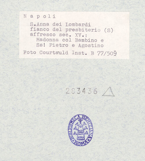 Rückseite von Courtauld Institute of Art [https://www.deutsche-digitale-bibliothek.de/content/lizenzen/rv-ez/] Madonna zwischen dem Heiligen Petrus und dem Heiligen Augustinus. Schmerzensmann - Gesamtansicht, bh283436_recto. Foto.