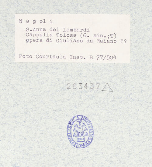 Rückseite von Courtauld Institute of Art [https://www.deutsche-digitale-bibliothek.de/content/lizenzen/rv-ez/] Sant'Anna dei LombardiCappella Tolosa - Innen Richtung Altar, bh283437_recto. Foto.