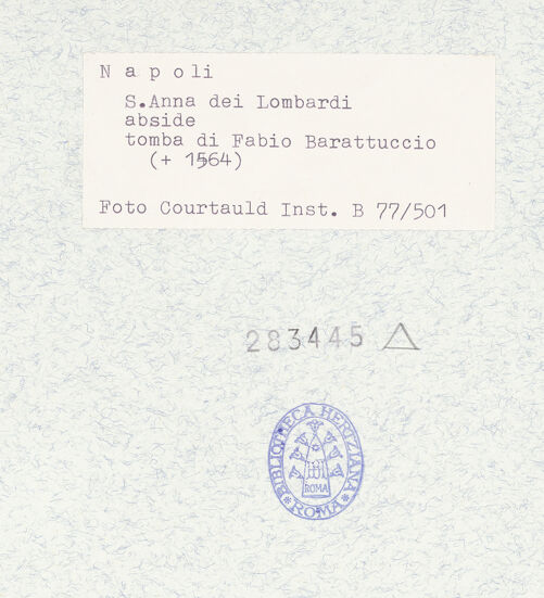 Rückseite von Courtauld Institute of Art [https://www.deutsche-digitale-bibliothek.de/content/lizenzen/rv-ez/] Grabmal des Fabio Barattuccio und der Violante Moles - Gesamtansicht, bh283445_recto. Foto.