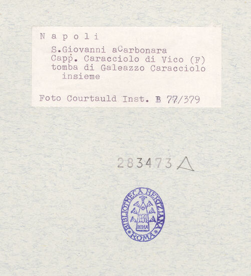 Rückseite von Courtauld Institute of Art [https://www.deutsche-digitale-bibliothek.de/content/lizenzen/rv-ez/] Grabmal des Galeazzo Caracciolo - Gesamtansicht, bh283473_recto. Foto.