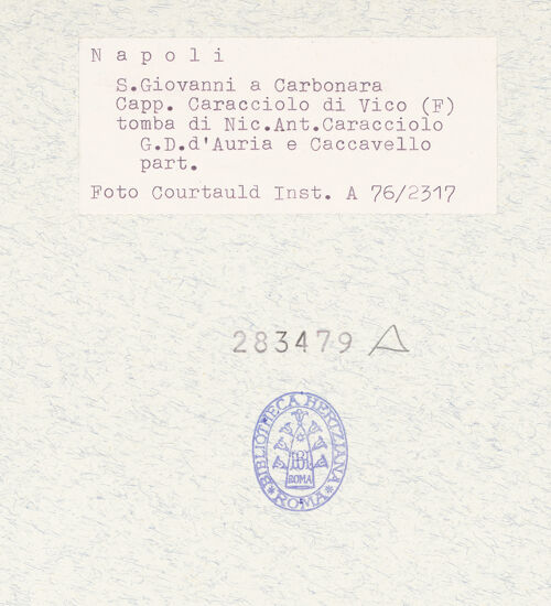 Rückseite von Courtauld Institute of Art [https://www.deutsche-digitale-bibliothek.de/content/lizenzen/rv-ez/] Grabmal des Nicola Antonio Caracciolo (gest. 1544)Tugenden und Porträt des Nicola Antonio Caracciolo - Caritas, bh283479_recto. Foto.