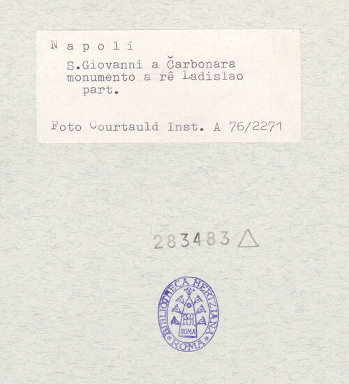 Rückseite von Courtauld Institute of Art [https://www.deutsche-digitale-bibliothek.de/content/lizenzen/rv-ez/] Grabmal des Königs Ladislaus (gest. 1414)Ladislaus und Verkündigung - Ladislaus, bh283482_recto. Foto.