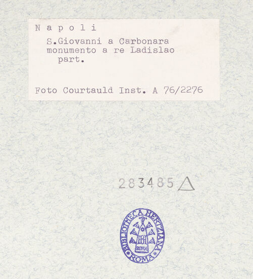 Rückseite von Courtauld Institute of Art [https://www.deutsche-digitale-bibliothek.de/content/lizenzen/rv-ez/] Grabmal des Königs Ladislaus (gest. 1414)König Ladislaus, Königin Johanna II. und vier Tugenden - Johanna, bh283485_recto. Foto.