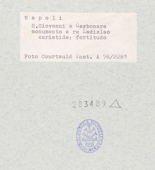 Rückseite von Courtauld Institute of Art [https://www.deutsche-digitale-bibliothek.de/content/lizenzen/rv-ez/] Grabmal des Königs Ladislaus (gest. 1414)Die Kardinaltugenden (Temperantia, Fortutudo, Prudentia) und Großzügigkeit (Magnanimitas) - Fortitudo, bh283489_recto. Foto.