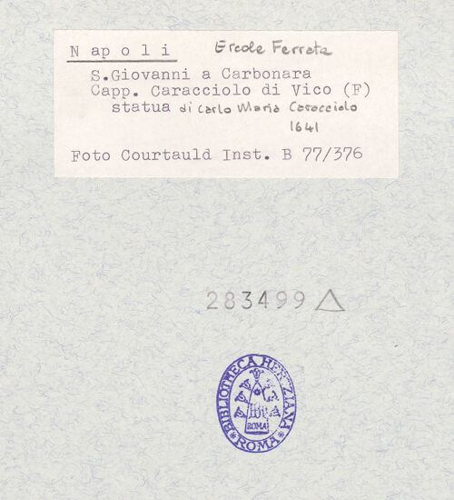 Rückseite von Courtauld Institute of Art [https://www.deutsche-digitale-bibliothek.de/content/lizenzen/rv-ez/] Statue des Carlo Maria Caracciolo - Frontalansicht, bh283499_recto. Foto.