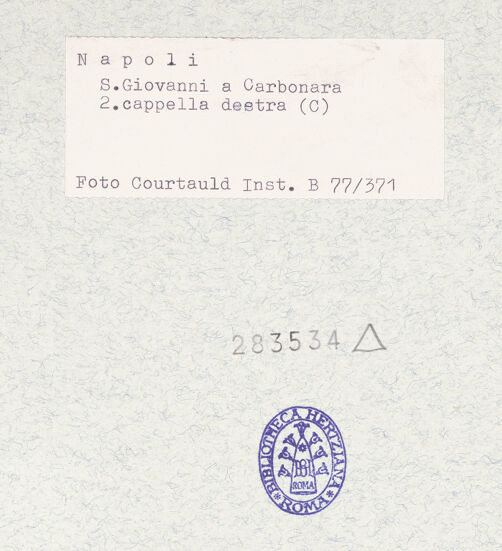 Rückseite von Courtauld Institute of Art [https://www.deutsche-digitale-bibliothek.de/content/lizenzen/rv-ez/] Eingangsbogen zur Cappella Argento (ehemals Cappella dei Re Magi) - Seitenansicht, bh283534_recto. Foto.