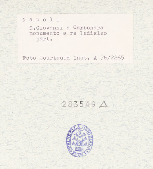 Rückseite von Courtauld Institute of Art [https://www.deutsche-digitale-bibliothek.de/content/lizenzen/rv-ez/] Grabmal des Königs Ladislaus (gest. 1414)Ladislaus und Verkündigung - Gesamtansicht, bh283549_recto. Foto.