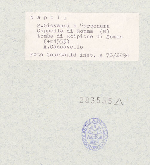 Rückseite von Courtauld Institute of Art [https://www.deutsche-digitale-bibliothek.de/content/lizenzen/rv-ez/] Grabmal des Scipione Somma (gest. 1553) - Gesamtansicht, bh283555_recto. Foto.