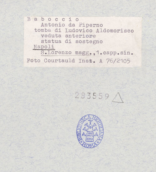 Rückseite von Courtauld Institute [https://www.deutsche-digitale-bibliothek.de/content/lizenzen/rv-ez/] Grabmal des Ludovico Aldomorisco - Rechte Seite: Tragfigur, rechts, bh283559_recto. Foto.