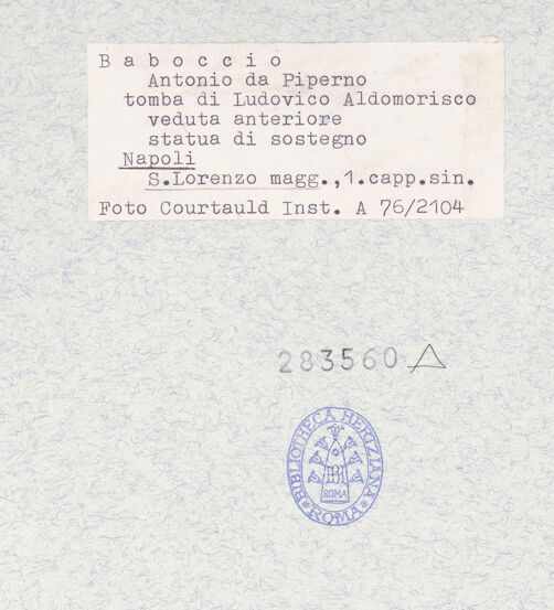 Rückseite von Courtauld Institute [https://www.deutsche-digitale-bibliothek.de/content/lizenzen/rv-ez/] Grabmal des Ludovico Aldomorisco - Rechte Seite: Tragfigur, links, bh283560_recto. Foto.