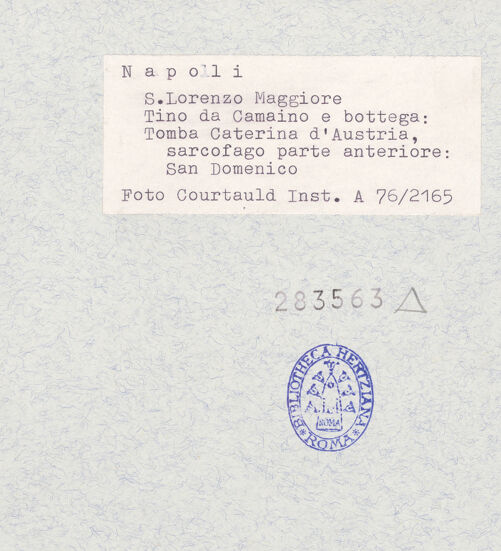 Rückseite von Courtauld Institute [https://www.deutsche-digitale-bibliothek.de/content/lizenzen/rv-ez/] Grabmal der Katharina von Österreich - Nordseite, Antonius von Padua, bh283563_recto. Foto.