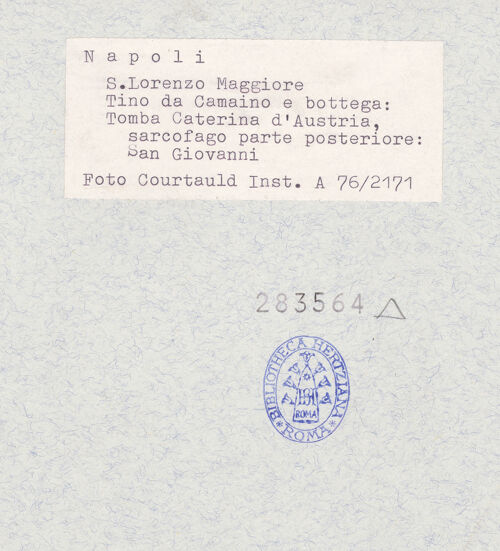 Rückseite von Courtauld Institute [https://www.deutsche-digitale-bibliothek.de/content/lizenzen/rv-ez/] Grabmal der Katharina von Österreich - Südseite, Johannes der Evangelist, bh283564_recto. Foto.