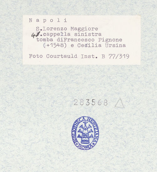 Rückseite von Courtauld Institute [https://www.deutsche-digitale-bibliothek.de/content/lizenzen/rv-ez/] Grabmal des Giovanni Francesco Pignono und des Cecilia Orsini - Gesamtansicht, bh283568_recto. Foto.