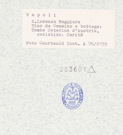 Rückseite von Courtauld Institute [https://www.deutsche-digitale-bibliothek.de/content/lizenzen/rv-ez/] Grabmal der Katharina von Österreich - Caritas, bh283601_recto. Foto.