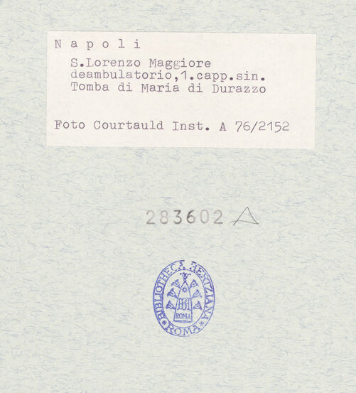 Rückseite von Courtauld Institute of Art [https://www.deutsche-digitale-bibliothek.de/content/lizenzen/rv-ez/] Grabmal der Maria Durazzo (gest. 1371) - Gesamtansicht, bh283602_recto. Foto.