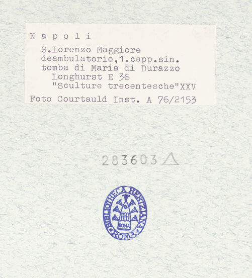 Rückseite von Courtauld Institute of Art [https://www.deutsche-digitale-bibliothek.de/content/lizenzen/rv-ez/] Grabmal der Maria Durazzo (gest. 1371) - Seitenansicht, bh283603_recto. Foto.