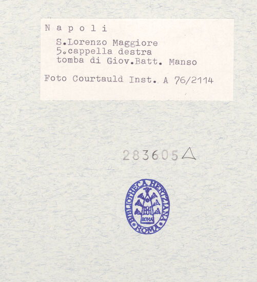 Rückseite von Courtauld Institute [https://www.deutsche-digitale-bibliothek.de/content/lizenzen/rv-ez/] Grabmal des Giovanbattista Manso - Gesamtansicht, bh283605_recto. Foto.