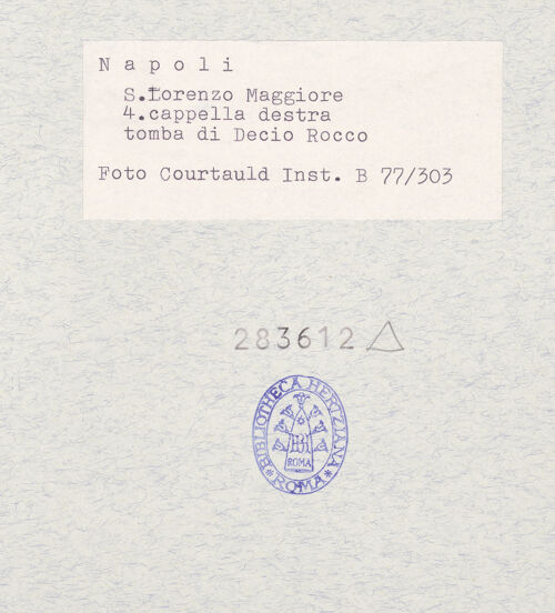 Rückseite von Courtauld Institute [https://www.deutsche-digitale-bibliothek.de/content/lizenzen/rv-ez/] Grabmal des Decio Rocco und der Camilla Carrafa - Gesamtansicht, bh283612_recto. Foto.