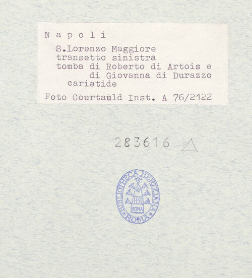 Rückseite von Courtauld Institute of Art [https://www.deutsche-digitale-bibliothek.de/content/lizenzen/rv-ez/] Grabmal des Robert IV. d'Artois und der Johanna von Durrës (Giovanna di Durazzo) - Tragfigur: Caritas (?), bh283616_recto. Foto.