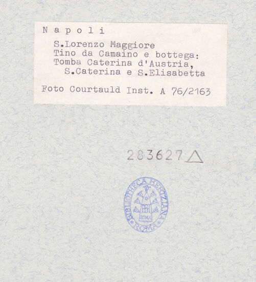 Rückseite von Courtauld Institute [https://www.deutsche-digitale-bibliothek.de/content/lizenzen/rv-ez/] Grabmal der Katharina von Österreich - Katharina und Elisabeth von Thüringen, bh283627_recto. Foto.