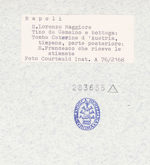 Rückseite von Courtauld Institute [https://www.deutsche-digitale-bibliothek.de/content/lizenzen/rv-ez/] Grabmal der Katharina von Österreich - Außenseite: Agnus Dei und Stigmatisation des hl. Franziskus, bh283635_recto. Foto.