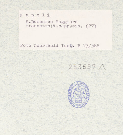 Rückseite von Courtauld Institute of Art [https://www.deutsche-digitale-bibliothek.de/content/lizenzen/rv-ez/] San Domenico MaggioreCappella Spinelli - Ansicht von außen, bh283657_recto. Foto.