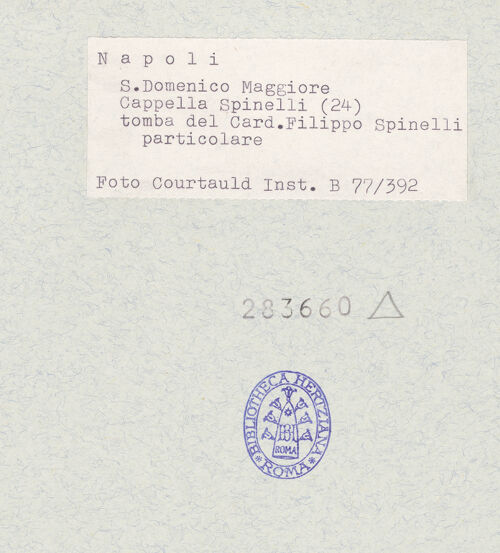 Rückseite von Courtauld Institute of Art [https://www.deutsche-digitale-bibliothek.de/content/lizenzen/rv-ez/] Grabmal des Filippo Spinelli (gest. 1616)Liegefigur des Filippo Spinelli - Gesamtansicht, bh283660_recto. Foto.