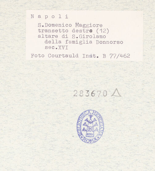 Rückseite von Courtauld Institute of Art [https://www.deutsche-digitale-bibliothek.de/content/lizenzen/rv-ez/] Altar und Grabmal der Familie Donnorso - Gesamtansicht, bh283670_recto. Foto.