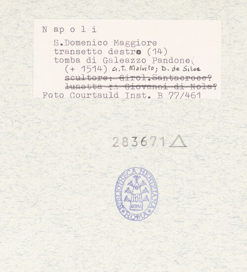 Rückseite von Courtauld Institute of Art [https://www.deutsche-digitale-bibliothek.de/content/lizenzen/rv-ez/] Grabmal des Galeazzo III Pandone (gest. 1514) - Gesamtansicht, bh283671_recto. Foto.