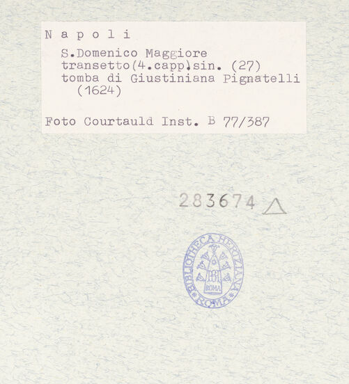 Rückseite von Courtauld Institute of Art [https://www.deutsche-digitale-bibliothek.de/content/lizenzen/rv-ez/] Grabmal der Giustiniana Maria Pignatelli (gest. 1624) - Gesamtansicht, bh283674_recto. Foto.