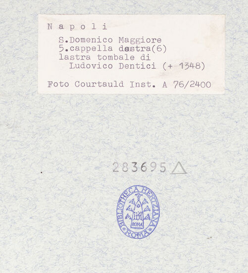 Rückseite von Courtauld Institute of Art [https://www.deutsche-digitale-bibliothek.de/content/lizenzen/rv-ez/] Grabplatte des Ludovico Dentice - Gesamtansicht, bh283695_recto. Foto.