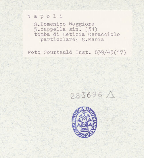 Rückseite von Courtauld Institute of Art [https://www.deutsche-digitale-bibliothek.de/content/lizenzen/rv-ez/] Grabmal der Letizia Caracciolo (gest. 1340)Schmerzensmann zusammen mit Maria und Johannes dem Evangelisten - Detail: Maria, bh283696_recto. Foto.