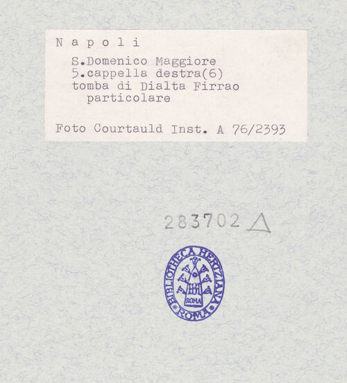 Rückseite von Courtauld Institute of Art [https://www.deutsche-digitale-bibliothek.de/content/lizenzen/rv-ez/] Grabmal der Dialta Firrao (Dialta de filiis Raonis, gest. 1338) - Detail: hl. Johannes der Täufer, bh283702_recto. Foto.