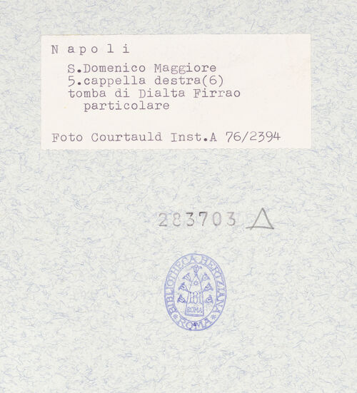 Rückseite von Courtauld Institute of Art [https://www.deutsche-digitale-bibliothek.de/content/lizenzen/rv-ez/] Grabmal der Dialta Firrao (Dialta de filiis Raonis, gest. 1338) - Detail: Madonna, bh283703_recto. Foto.