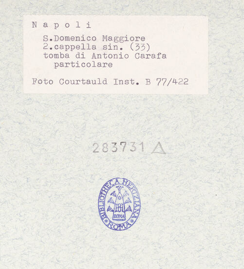 Rückseite von Courtauld Institute of Art [https://www.deutsche-digitale-bibliothek.de/content/lizenzen/rv-ez/] Grabmal des Antonio Carafa, genannt Malizia (gest. 1438)Engel und Liegefigur - Gesamtansicht, bh283731_recto. Foto.