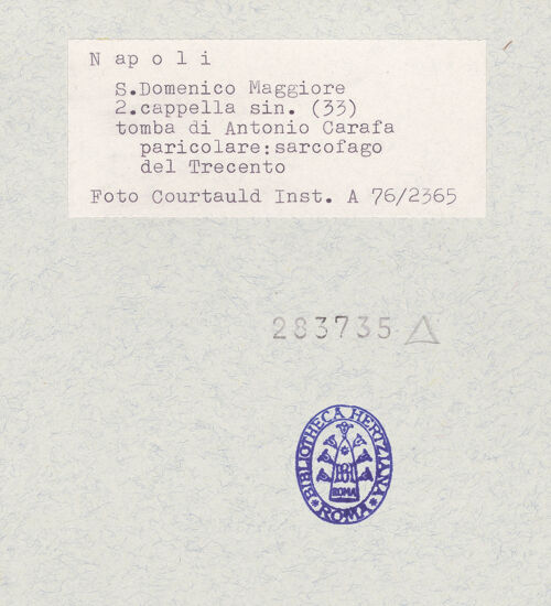 Rückseite von Courtauld Institute of Art [https://www.deutsche-digitale-bibliothek.de/content/lizenzen/rv-ez/] Grabmal des Antonio Carafa, genannt Malizia (gest. 1438) - Detail: Heilige Katharina, bh283735_recto. Foto.