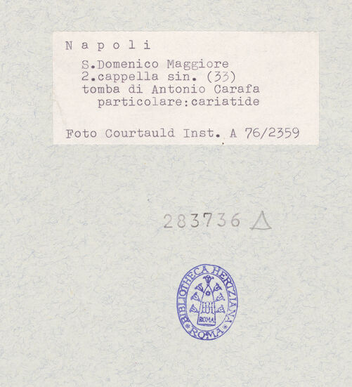 Rückseite von Courtauld Institute of Art [https://www.deutsche-digitale-bibliothek.de/content/lizenzen/rv-ez/] Grabmal des Antonio Carafa, genannt Malizia (gest. 1438)Tugenden - Justitia, bh283736_recto. Foto.