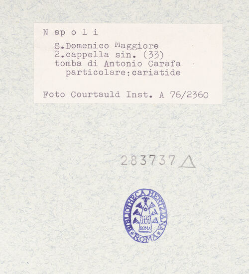 Rückseite von Courtauld Institute of Art [https://www.deutsche-digitale-bibliothek.de/content/lizenzen/rv-ez/] Grabmal des Antonio Carafa, genannt Malizia (gest. 1438)Tugenden - Temperantia, bh283737_recto. Foto.