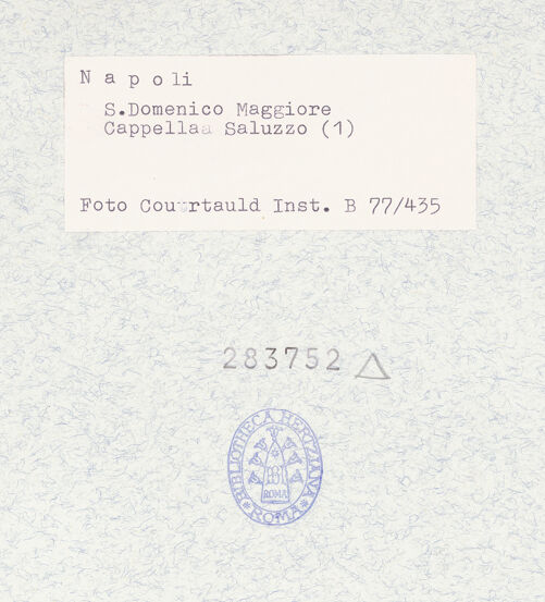 Rückseite von Courtauld Institute of Art [https://www.deutsche-digitale-bibliothek.de/content/lizenzen/rv-ez/] San Domenico MaggioreCappella Saluzzo (ehem. Carafa di Santa Severina oder San Martino) - Innenansicht nach dem Altar, bh283752_recto. Foto.