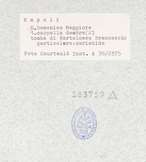 Rückseite von Courtauld Institute of Art [https://www.deutsche-digitale-bibliothek.de/content/lizenzen/rv-ez/] Grabmal des Bischofs Bartolomeo BrancaccioTugenden - Justitia, bh283757_recto. Foto.