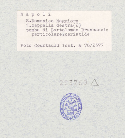 Rückseite von Courtauld Institute of Art [https://www.deutsche-digitale-bibliothek.de/content/lizenzen/rv-ez/] Grabmal des Bischofs Bartolomeo BrancaccioTugenden - Fortitudo, bh283760_recto. Foto.
